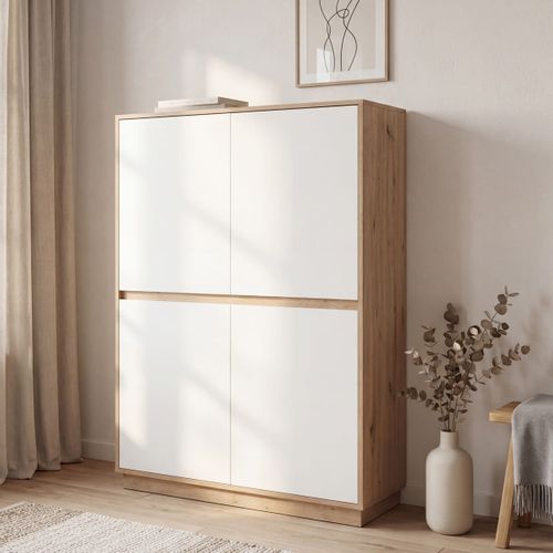 Buffet 4 Portes Effet Chêne Et Blanc Brillant 101 Cm - Nalen