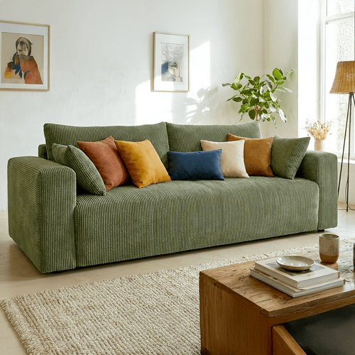 Canapé Convertible 3 Places En Velours Côtelé Vert Kaki - Fjord