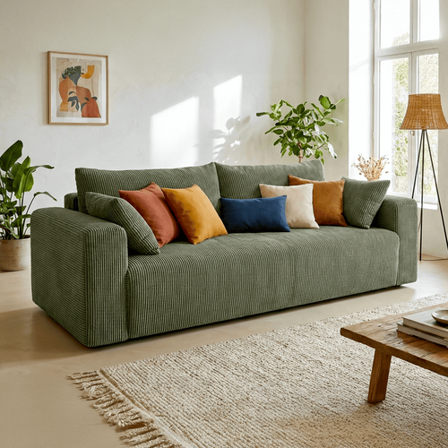 Canapé Convertible 3 Places En Velours Côtelé Vert Kaki - Fjord