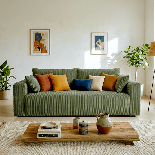 Canapé Convertible 3 Places En Velours Côtelé Vert Kaki - Fjord