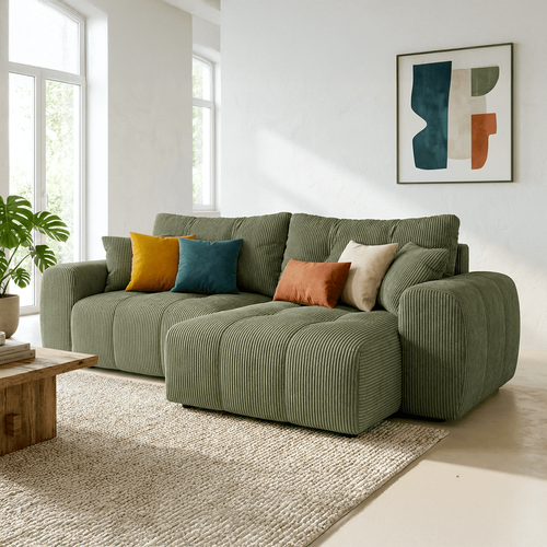 Canapé D'angle Réversible Convertible 4 Places En Velours Côtelé Vert Kaki - Alba