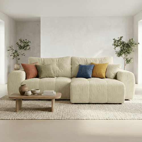 Canapé D'angle Réversible Convertible 4 Places En Velours Côtelé Beige - Alba