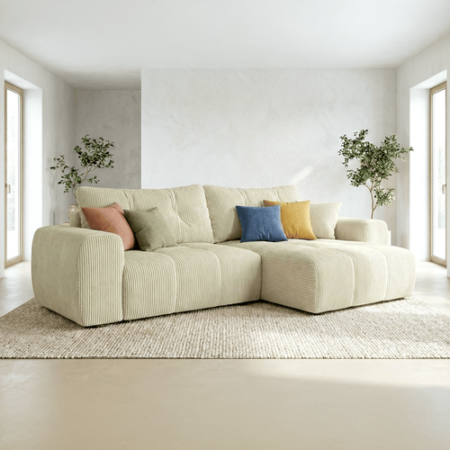 Canapé D'angle Réversible Convertible 4 Places En Velours Côtelé Beige - Alba