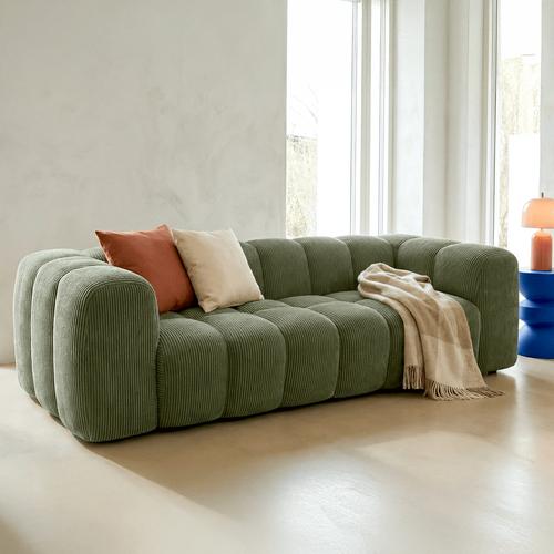 Canapé Droit 3 Places En Velours Côtelé Vert Kaki - Nuvola