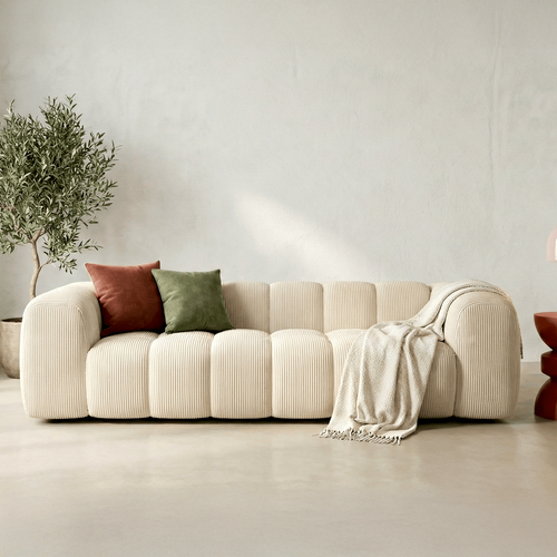 Canapé Droit 3 Places En Velours Côtelé Beige - Nuvola