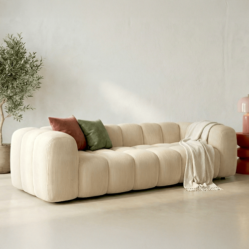 Canapé Droit 3 Places En Velours Côtelé Beige - Nuvola