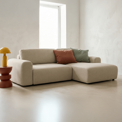 Canapé D'angle Réversible Convertible 5 Places Avec Coffre En Tissu Chenille Beige - Luno