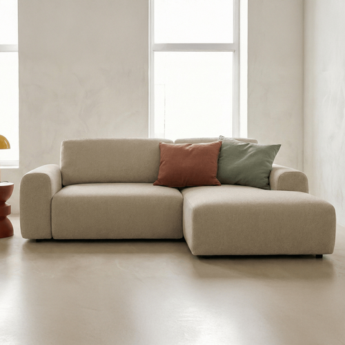 Canapé D'angle Réversible Convertible 5 Places Avec Coffre En Tissu Chenille Beige - Luno