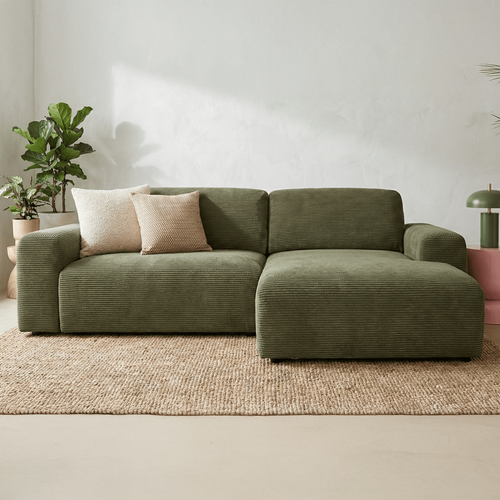 Canapé D'angle Réversible Convertible 5 Places Avec Coffre En Velours Côtelé Vert Kaki - Luno