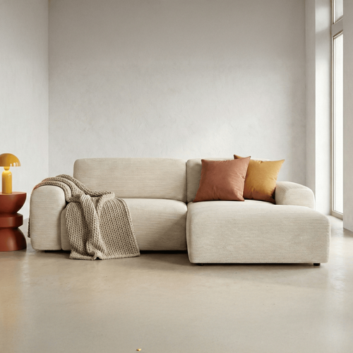 Canapé D'angle Réversible Convertible 5 Places Avec Coffre En Velours Côtelé Beige - Luno