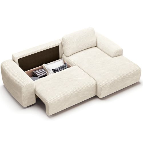 Canapé D'angle Réversible Convertible 5 Places Avec Coffre En Velours Côtelé Beige - Luno