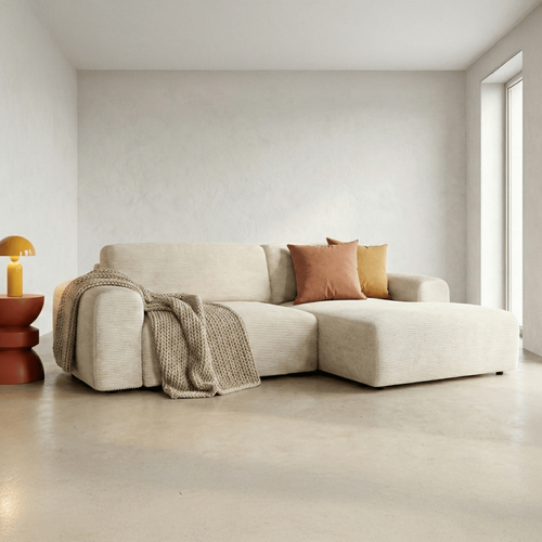 Canapé D'angle Réversible Convertible 5 Places Avec Coffre En Velours Côtelé Beige - Luno