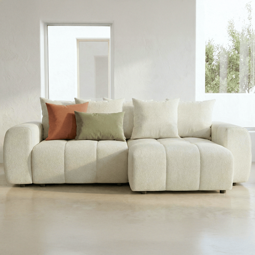 Canapé D'angle Convertible Réversible 4 Places Avec Coffre En Tissu Chenille Beige - Rivoli