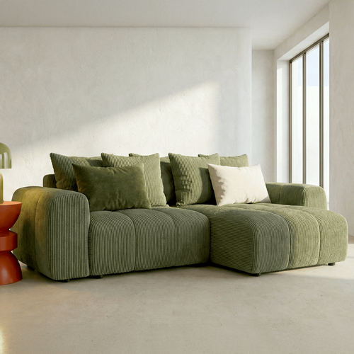 Canapé D'angle Convertible Réversible 4 Places Avec Coffre En Velours Côtelé Vert Kaki - Rivoli