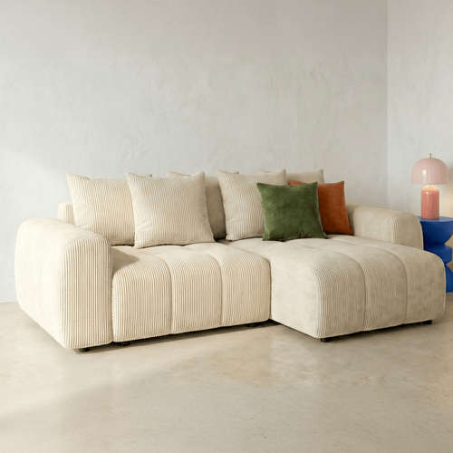 Canapé D'angle Convertible Réversible 4 Places Avec Coffre En Velours Côtelé Beige - Rivoli