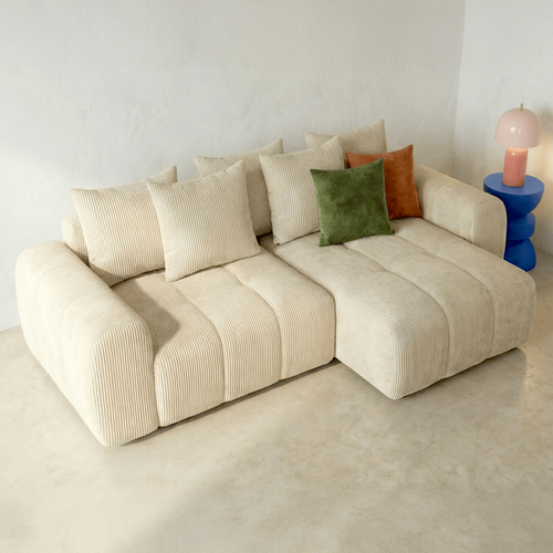 Canapé D'angle Convertible Réversible 4 Places Avec Coffre En Velours Côtelé Beige - Rivoli