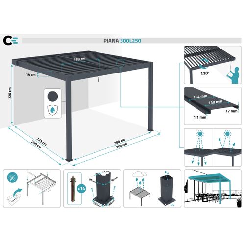 Pergola Bioclimatique Adossée 3x2,5m Piana Aluminium Gris Anthracite - Lames Orientables