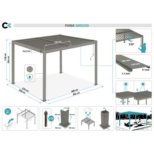 Pergola Bioclimatique Autoportée 3x2,5m Piana Aluminium Taupe - Lames Orientables