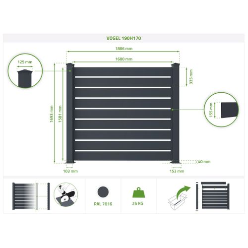 Lot De 3 Clôtures Aluminium Vogel 1,9m H.170cm Gris Anthracite - Kit Complet