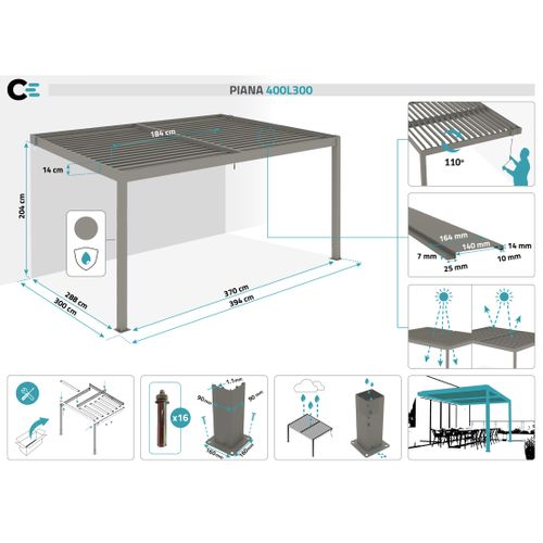 Pergola Bioclimatique Adossée 4x3m Piana Aluminium Taupe - Lames Orientables
