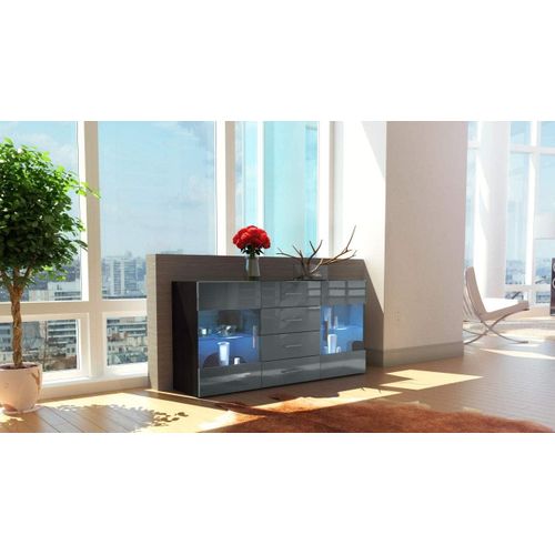 Buffet  Noir Mat  Façades En Gris Laquées Avec LED 72 X 139 X 35