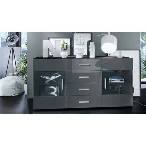 Buffet  Noir Mat  Façades En Gris Laquées Avec LED 72 X 139 X 35