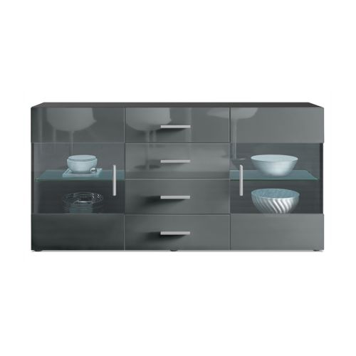 Buffet  Noir Mat  Façades En Gris Laquées Avec LED 72 X 139 X 35