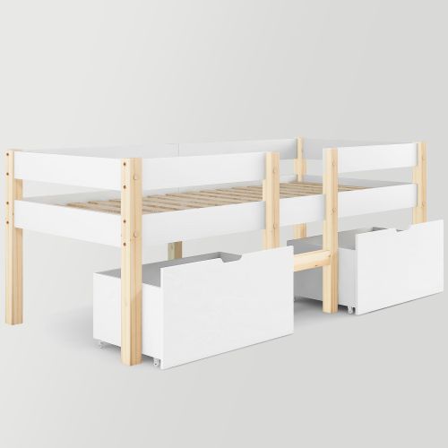 Lit Enfant Avec Tiroir Et Protection Antichute, Bois De Pin Massif, 90x190 Cm, Blanc