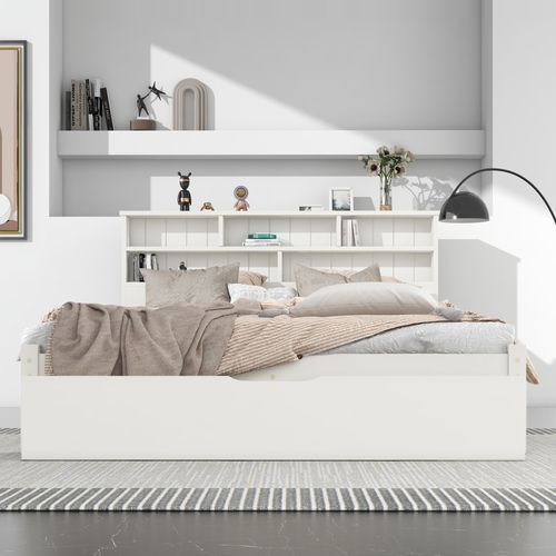 Lit Double 140x200 Cm En Bois Massif Avec Tiroirs, Sommier à Lattes Et Étagère