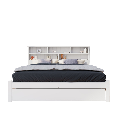 Lit Double 140x200 Cm En Bois Massif Avec Tiroirs, Sommier à Lattes Et Étagère