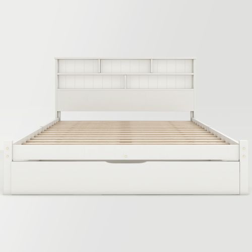 Lit Double 140x200 Cm En Bois Massif Avec Tiroirs, Sommier à Lattes Et Étagère