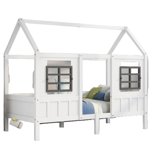 Lit Cabane Pour Enfant 200x90 Avec 2 Fenêtres, Cadre En Bois Massif De Pin, Blanc