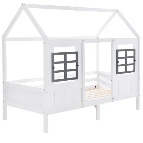 Lit Cabane Pour Enfant 200x90 Avec 2 Fenêtres, Cadre En Bois Massif De Pin, Blanc