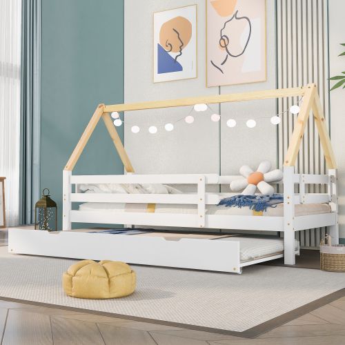 Lit Cabane Pour Enfant 200x90, Double Lit Coulissant Avec Roulettes En Bas, Bois Massif, Blanc