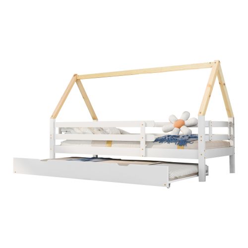 Lit Cabane Pour Enfant 200x90, Double Lit Coulissant Avec Roulettes En Bas, Bois Massif, Blanc