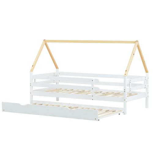 Lit Cabane Pour Enfant 200x90, Double Lit Coulissant Avec Roulettes En Bas, Bois Massif, Blanc