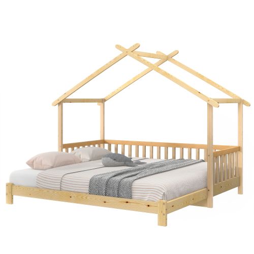 Lit Cabane Enfant Extensible 90x200, Lit Simple Et Double, En Bois Massif, Naturel