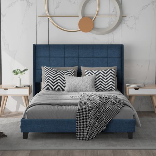 Lit Double Avec Sa Tête De Lit Capitonnée Et Sommier à Lattes, 140x200cm, En Lin Bleu Mi-ferme