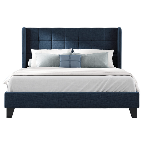 Lit Double Avec Sa Tête De Lit Capitonnée Et Sommier à Lattes, 140x200cm, En Lin Bleu Mi-ferme