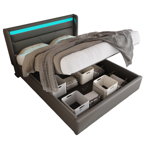 Lit Coffre 160x200 Double Hydraulique Rembourré, LED, Et Sommier à Lattes, Gris