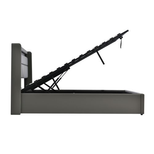 Lit Coffre 160x200 Double Hydraulique Rembourré, LED, Et Sommier à Lattes, Gris