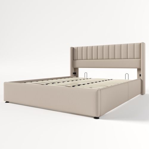 Lit Double Capitonné Avec Coffre Hydraulique 180x200, Sommier à Lattes En Bois Et Métal, Lin Beige