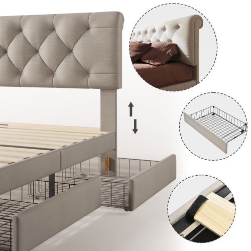 Lit Simple Rembourré 90x200 Avec 2 Tiroirs, Tête De Lit Réglable En Hauteur, Chesterfield, Gris