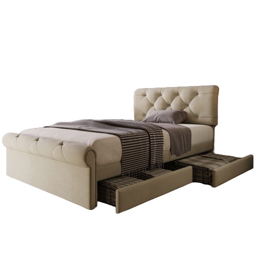 Lit Simple Rembourré 90x200 Avec 2 Tiroirs, Tête De Lit Réglable En Hauteur, Chesterfield, Gris