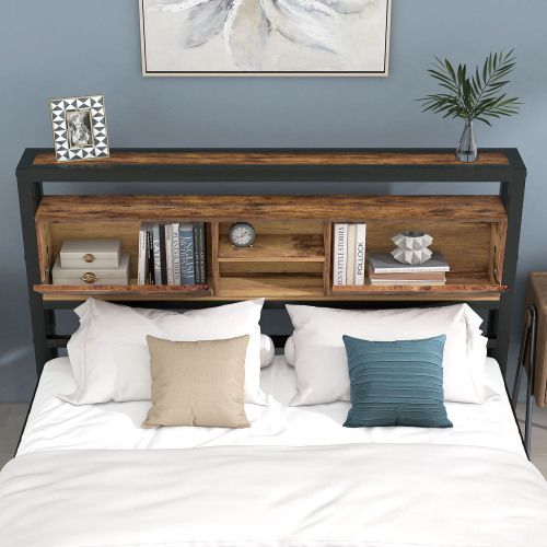 Lit Double En Métal 140 X 200 Avec Tête De Lit Rangement Et Sommier à Lattes, Vintage