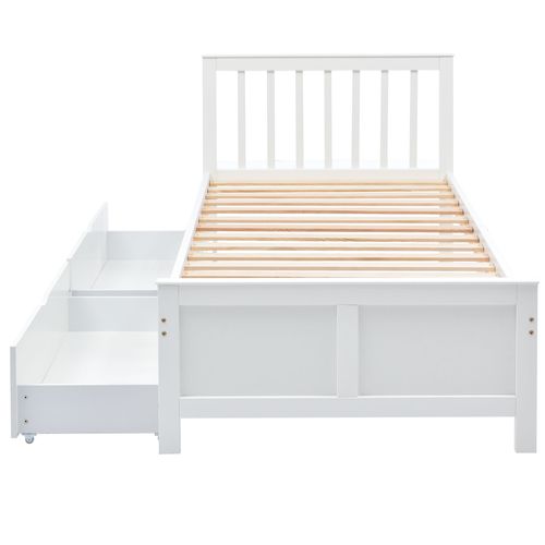 Lit Simple En Bois De Pin Massif 90x200 Avec 2 Tiroirs, Tête De Lit Et Sommier à Lattes, Blanc