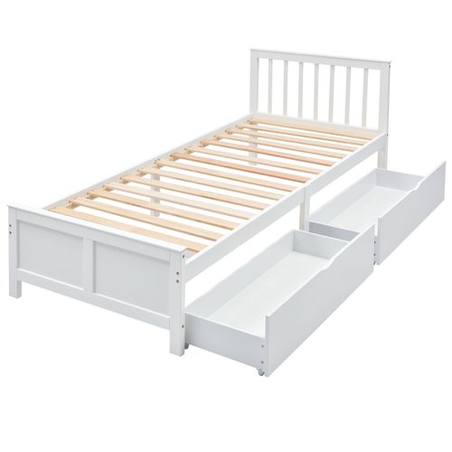 Lit Simple En Bois De Pin Massif 90x200 Avec 2 Tiroirs, Tête De Lit Et Sommier à Lattes, Blanc