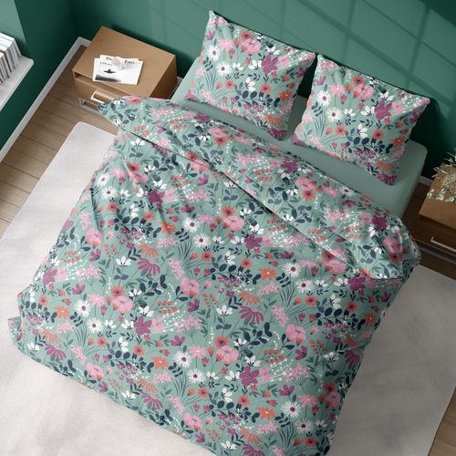 Housse De Couette Avec Taies D'oreiller 100% Coton Bio 57 Fils Flore Taille 240x260 Cm