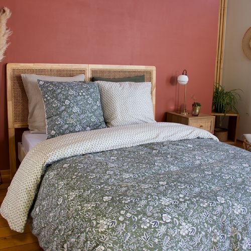 Parure De Lit 3 Pièces Réversible Motif Floral - 240x220 Cm - Kaki