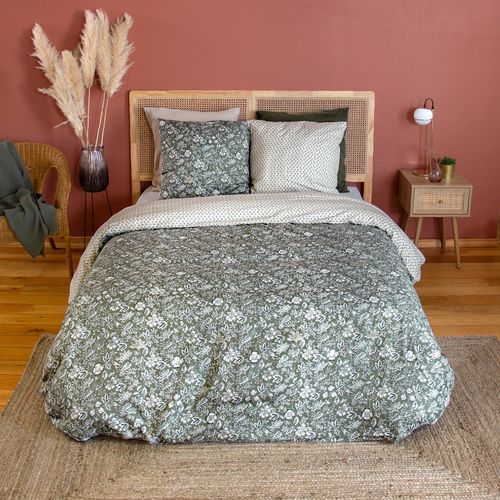 Parure De Lit 3 Pièces Réversible Motif Floral - 260x240 Cm - Kaki